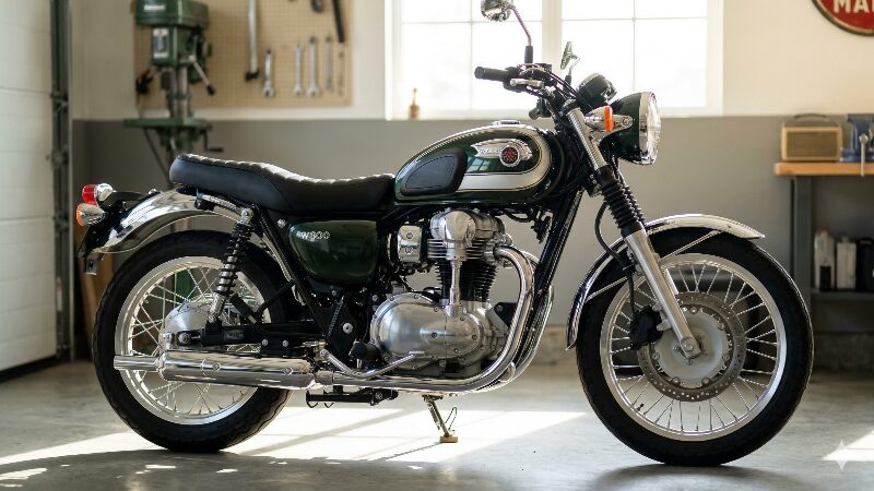 ガレージに美しく佇むクラシカルなカワサキW800