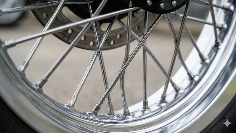 錆一つなく美しく磨き上げられたW800のフロントワイヤースポークホイール
