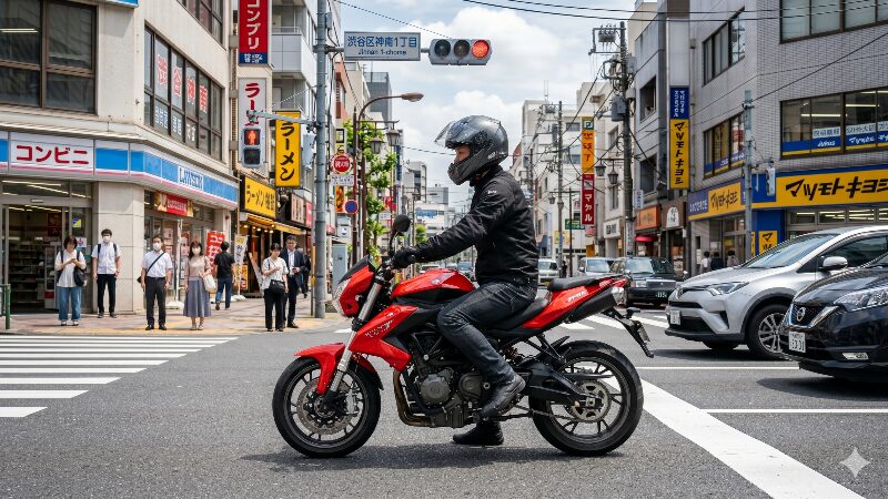 赤信号の交差点で停車するベネリTNT125とライダー