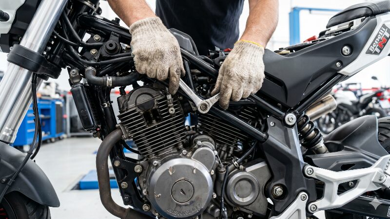 工具を使ってベネリTNT125のメンテナンスをする手元