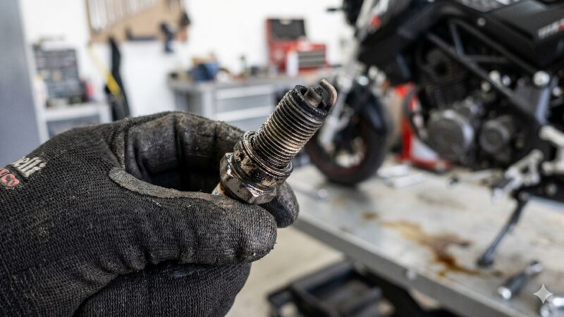 黒く汚れたバイクのスパークプラグ