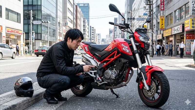 路上でバイクのエンジン周りを確認して悩むライダー