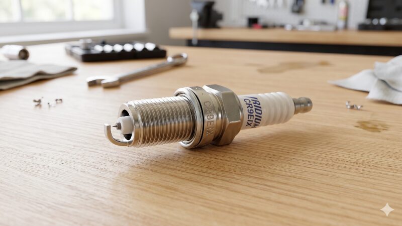 作業台に置かれた新品のイリジウムスパークプラグ