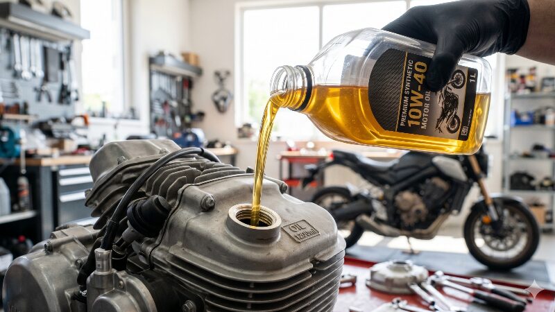 バイクのエンジンに新しい黄金色のオイルを注ぐ様子