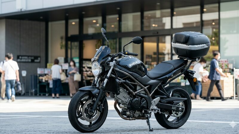 スーパーの前に停められた、積載力抜群のGIVI製ハードトップケースを装着したSV650