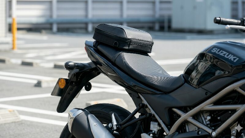 スズキSV650の美しいシルエットを崩さずに装着されたFASTPACK等の折りたたみ式シートバッグ