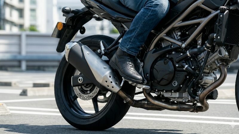極低速でのドンツキを防ぐため、リアブレーキを繊細に操作するライダーの足元
