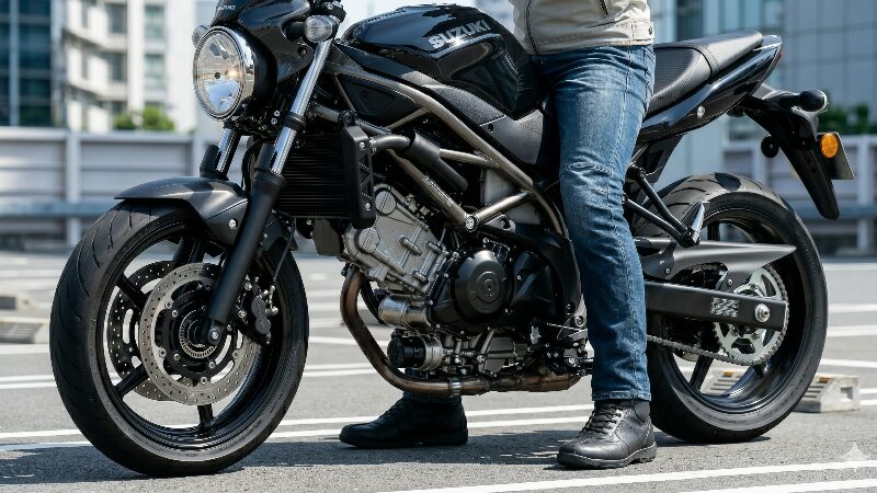 シート高785mmのスズキSV650にまたがり、両足がしっかりと地面に着いている様子