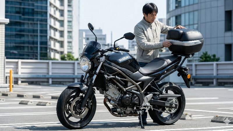 毎日の通勤や買い物を快適にするGIVI製トップケースやKIJIMA製メーターバイザーでカスタムされたSV650
