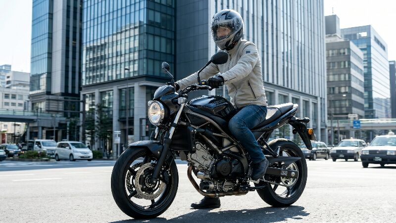 街中の交差点で信号待ちをするスズキSV650