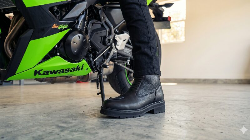 厚底ライディングブーツを履いたライダーの足とNinja 650のステップ