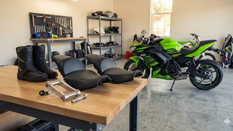 Ninja 650を背景に、カスタムパーツが並ぶワークショップ