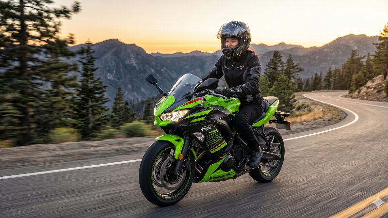 夕暮れの山道を走るカワサキ Ninja 650