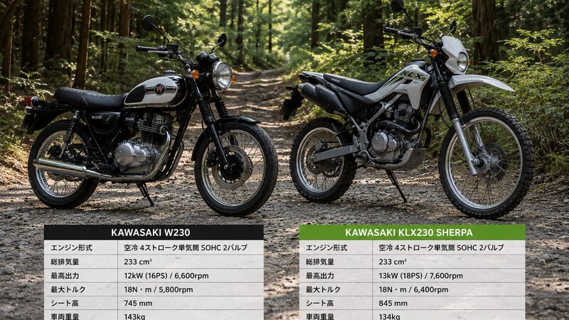 W230とKLX230シェルパの並列比較イメージ