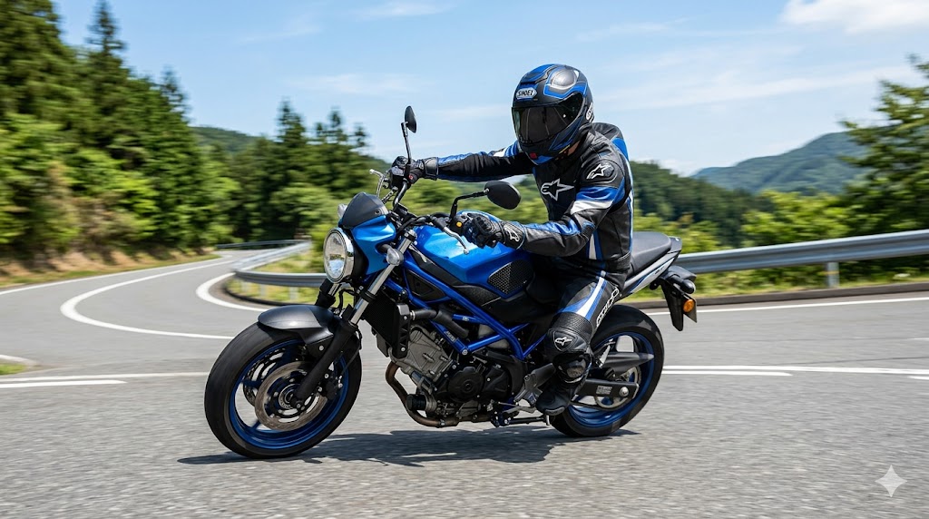 タンクをニーグリップしてコーナーを曲がるSV650のライダー