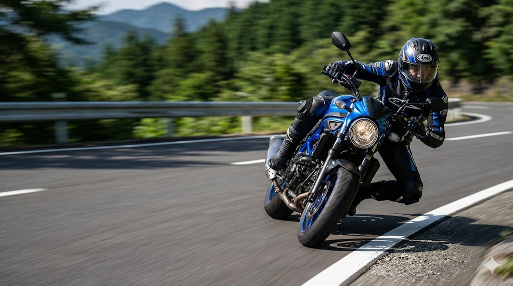 峠道のコーナーを走るスズキSV650とライダー