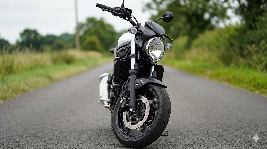 直立気味で曲がりにくそうに見えるSV650のフロント周り