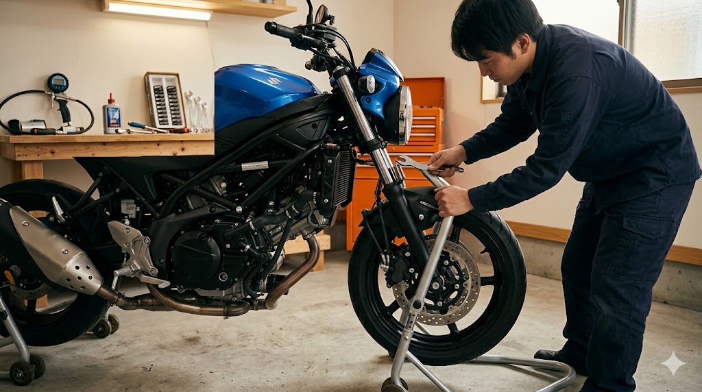 整備スタンドで足回りを調整されるSV650
