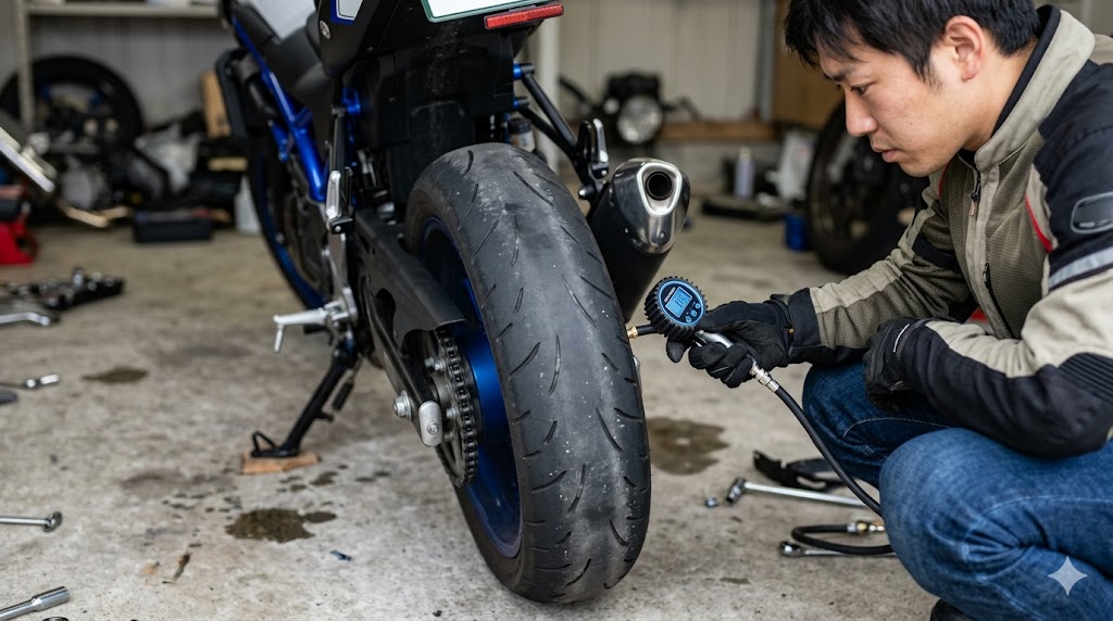 SV650のリアタイヤにエアゲージを当てて空気圧を測る様子