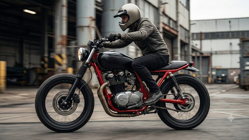 ストリートトラッカー仕様のFTR223と無骨なネオクラシックオフロードヘルメットの組み合わせ