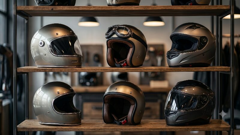 用途や価格帯別に美しくディスプレイされた様々な種類のバイク用ヘルメット