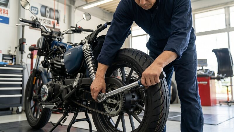 整備工場でトルクレンチを使用し、ホンダ GB350のリアホイール・タイヤ取り付けを行う整備士の手元