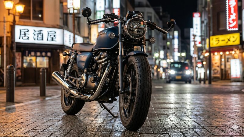 東京の夜のストリートに停車する、クラシカルなダンロップ TT100GPタイヤを履いたカフェレーサー仕様のホンダ GB350