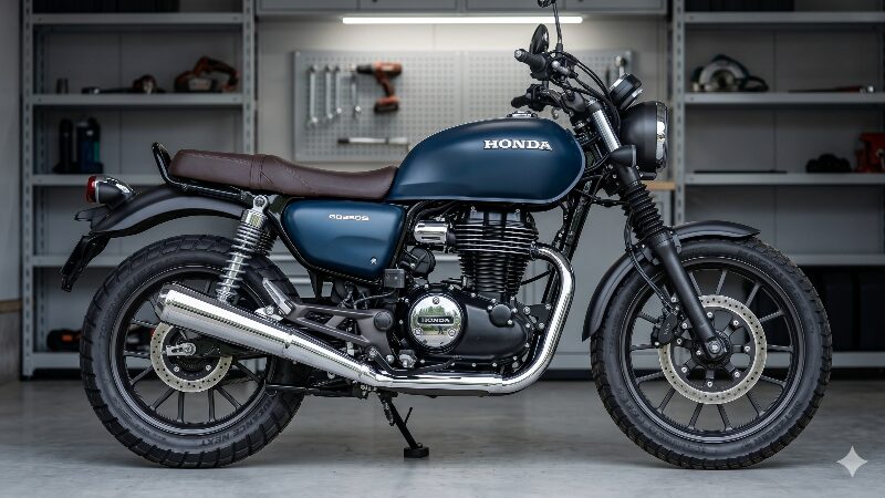 フロント19インチのバイアスとリア17インチのラジアルタイヤ（メッツラー TOURANCE NEXT）を装着したホンダ GB350Sのサイドビュー