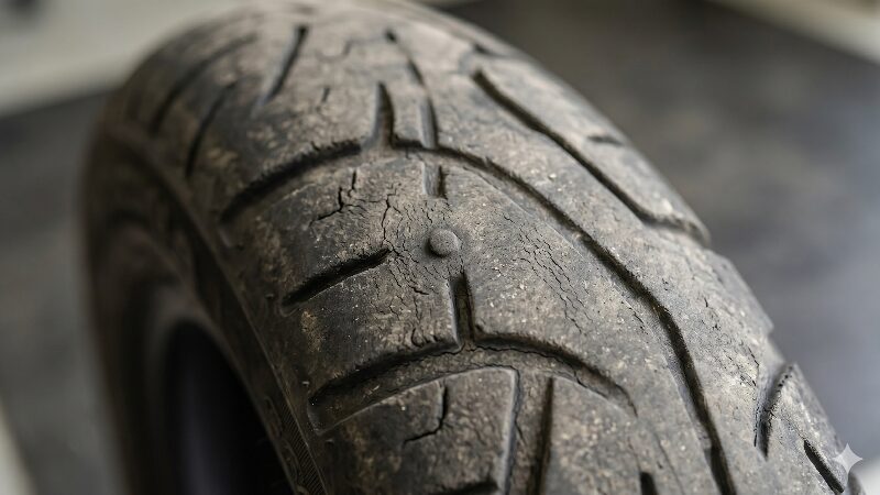 寿命を迎えてトレッド面と平らになったバイク用タイヤのスリップサインと、ゴム表面のひび割れのクローズアップ