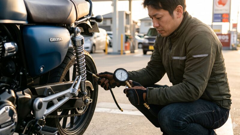ガソリンスタンドで、エアゲージを使ってホンダ GB350のタイヤ空気圧をチェックするライダーの手元