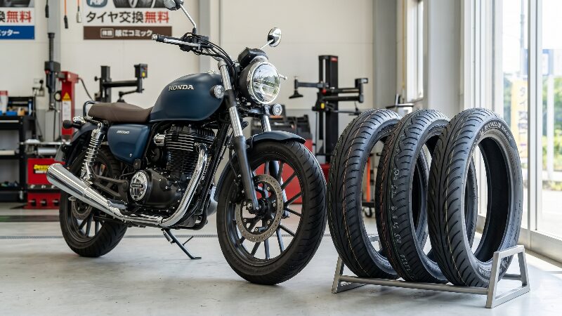 明るいバイクショップのピットに並べられた、ダンロップ、ブリヂストン、ミシュランの新品バイク用タイヤとホンダ GB350