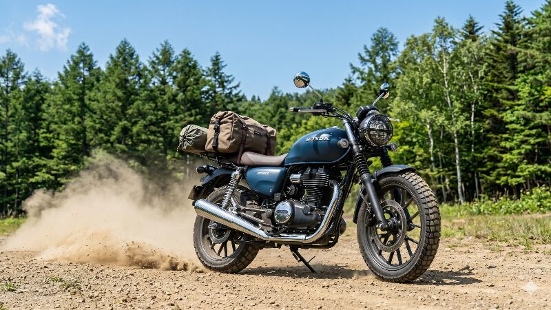 ブリヂストン AX41ブロックタイヤを装着し、高原のダート林道を走るスクランブラー仕様のホンダ GB350S