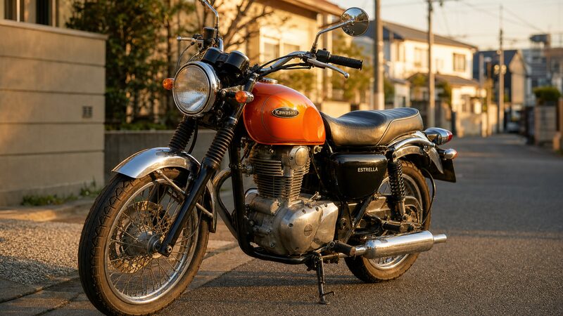 オレンジのカワサキ エストレヤ初代モデルの実車