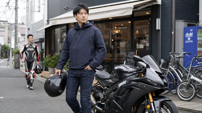 カジュアルなSSバイク用ジャケットを着た男性と街並み（SSバイク 服装 街乗り）