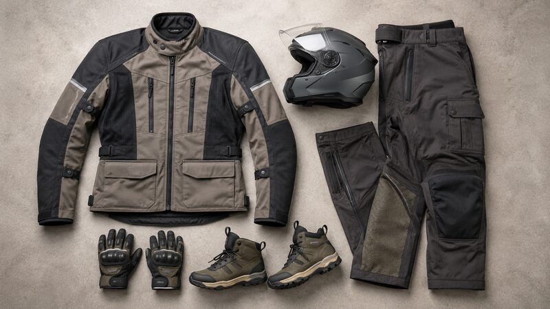 アドベンチャーバイク街乗り装備フラットレイ｜ジャケット・カーゴパンツ・グローブ・ライディングスニーカー・システムヘルメット