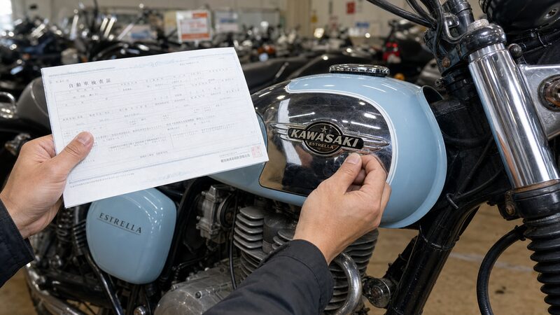 中古のカワサキ エストレヤを店頭で確認する男性の手元