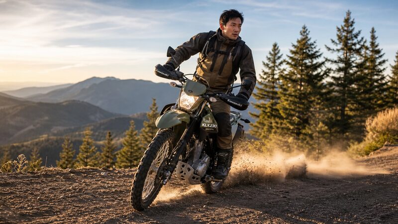 アウトドア装備を備えたKLX230シェルパの走行シーン