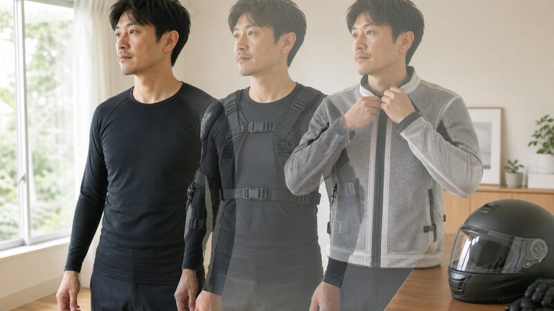ユニクロのインナーと専門プロテクターを重ね着するハイブリッド運用のイメージ