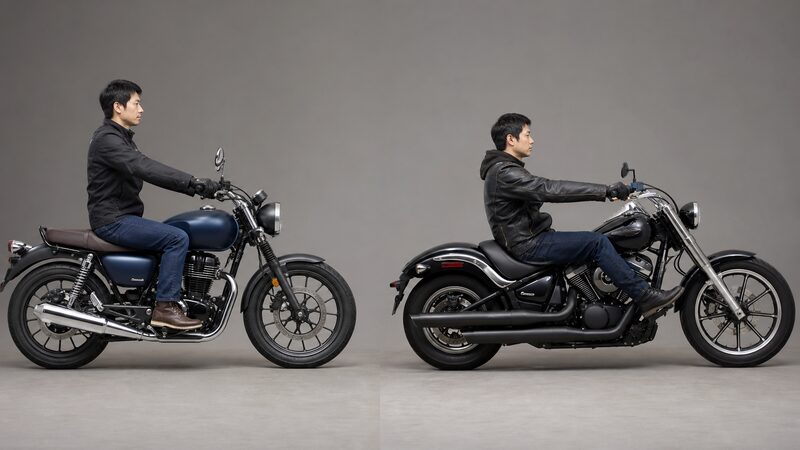 直立ポジションのGB350とフォワードコントロールのアメリカンクルーザーの姿勢比較
