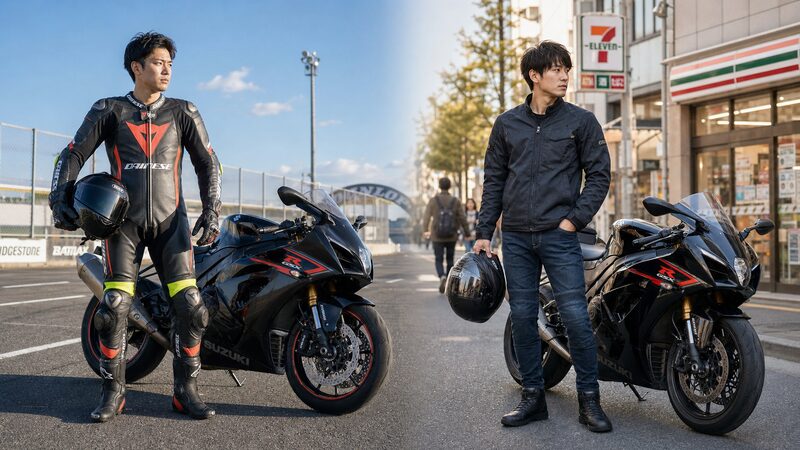 レーシングスーツとカジュアルジャケットを比較する2人のSSバイクライダー（レーシング系 カジュアル系 比較）