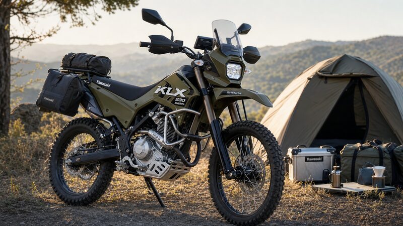 ハンドガードとスキッドプレートを装備したKLX230シェルパ