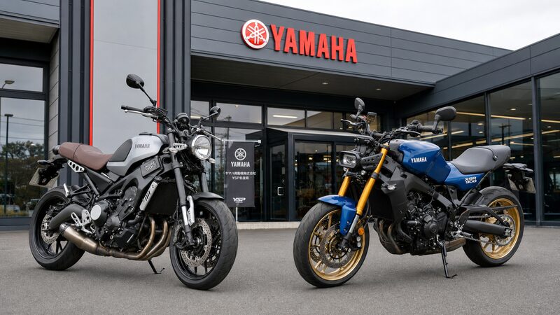 旧型と新型XSR900を並べてシート形状の違いを比較した写真