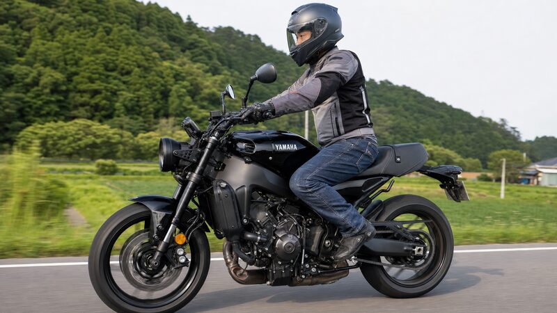 ステップ荷重とニーグリップで着座位置を保つXSR900のライダー