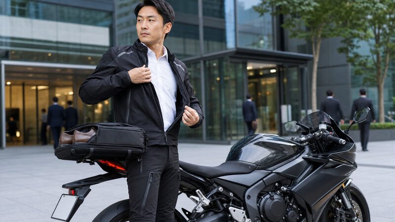 SSバイクで通勤しジャケットを脱ぎながらオフィスへ向かう男性（バイク 通勤 脱ぎ着）