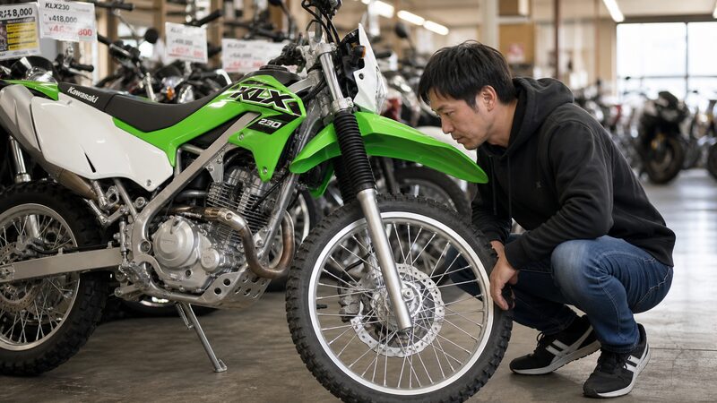 中古車店でKLX230を確認する男性