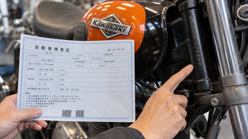 中古のカワサキ エストレヤの車検証と車体番号を確認する東アジア系男性の手元