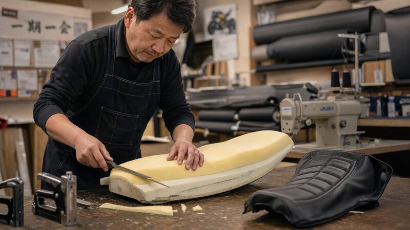 低反発ウレタンへの張替えと角の形状修正を行うシート加工の作業