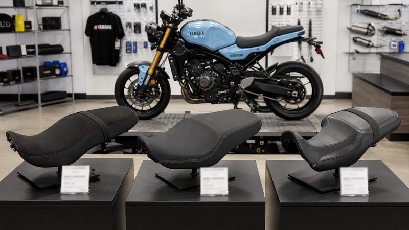XSR900用の交換シート候補を並べて比較する展示