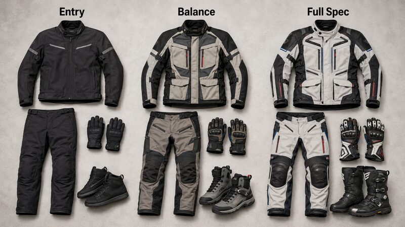 アドベンチャーバイク街乗り服装の予算別コーデセット3層｜エントリー3〜4万円・バランス5〜8万円・フルスペック10万円超