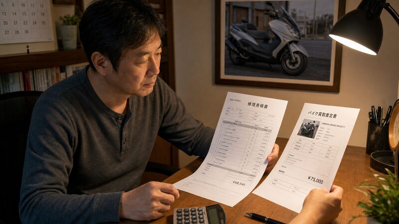 修理費用と買取査定額を見比べる男性